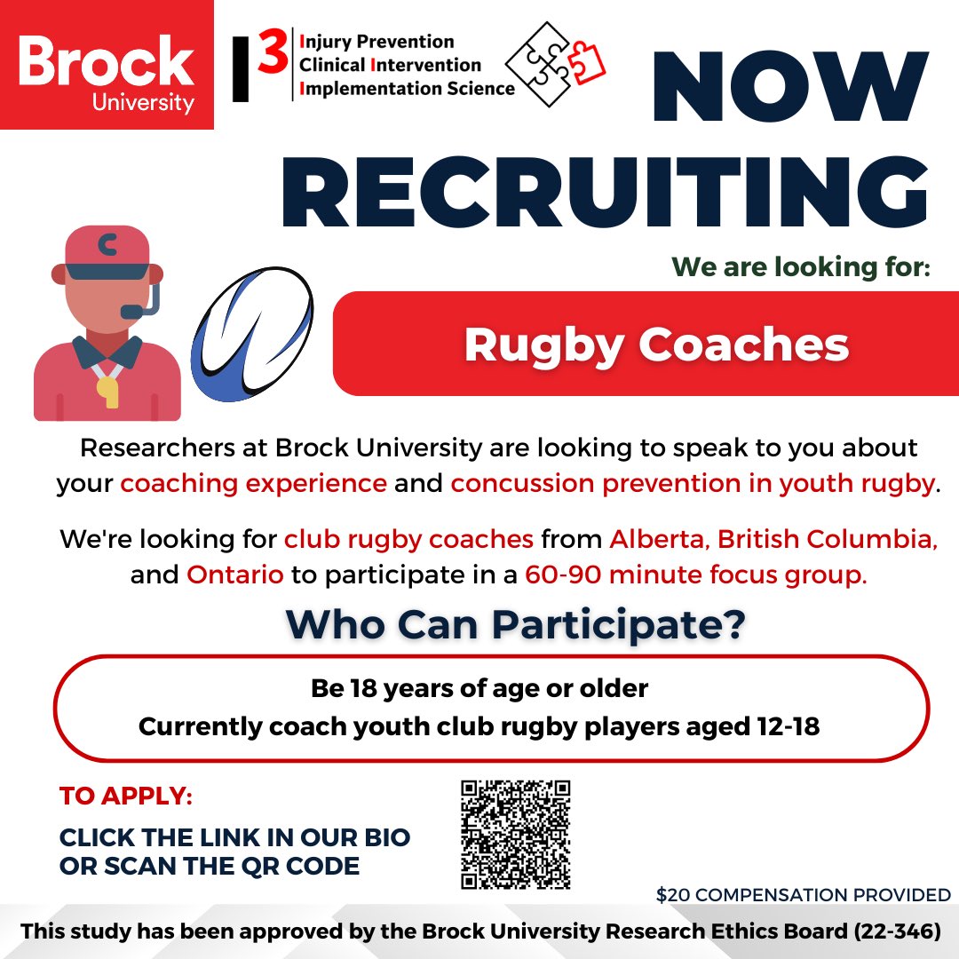 ‼️Rugby Coaches‼️ Do you coach youth club rugby players ages 12-18? We are recruiting coaches from Ontario, Alberta and British Columbia to participate in focus groups. To participate scan the QR code or click forms.office.com/r/8xxxba0Vy7 More info email: i3lab@brocku.ca
