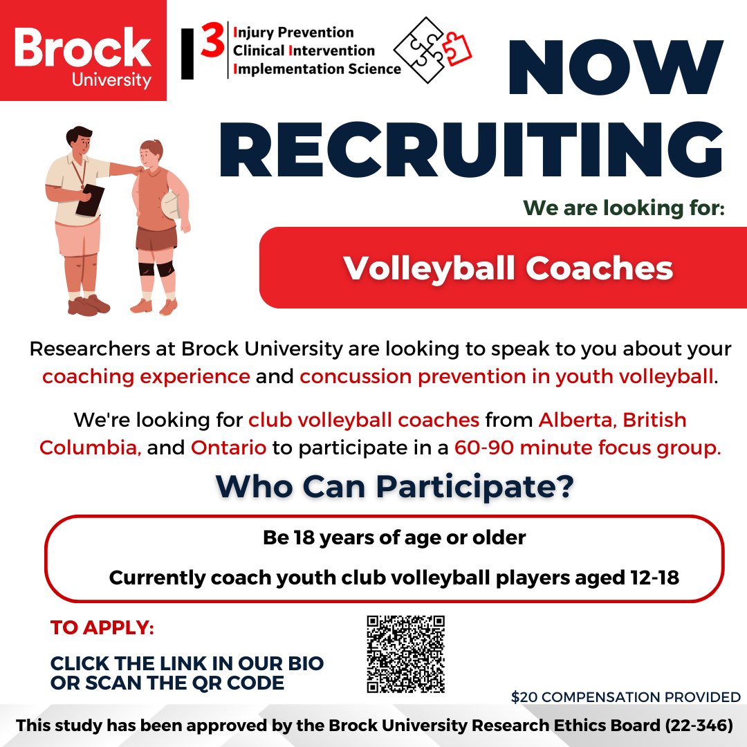‼️Volleyball Coaches‼️ Do you coach youth club volleyball players ages 12-18? We are recruiting coaches from Ontario, Alberta and British Columbia to participate in focus groups. To participate scan the QR code or click forms.office.com/r/8xxxba0Vy7 More info email: i3lab@brocku.ca