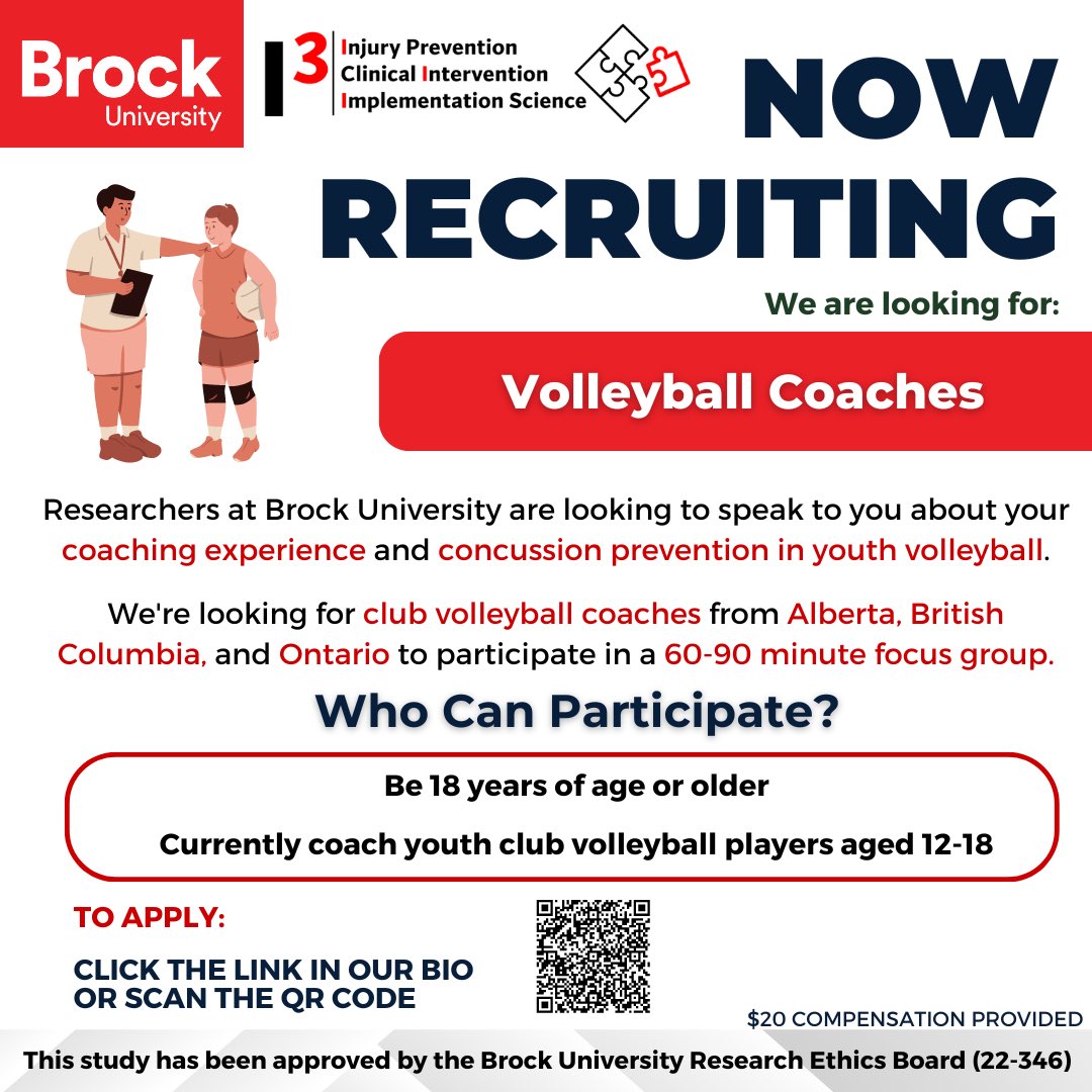 I³ Lab Group (@i3labgroup) on Twitter photo ‼️Volleyball Coaches‼️
Do you coach youth club volleyball players ages 12-18? We are recruiting coaches from Ontario, Alberta and British Columbia to participate in focus groups.
To participate scan the QR code or click forms.office.com/r/8xxxba0Vy7
More info email: i3lab@brocku.ca ‼️Volleyball Coaches‼️
Do you coach youth club volleyball players ages 12-18? We are recruiting coaches from Ontario, Alberta and British Columbia to participate in focus groups.
To participate scan the QR code or click forms.office.com/r/8xxxba0Vy7
More info email: i3lab@brocku.ca