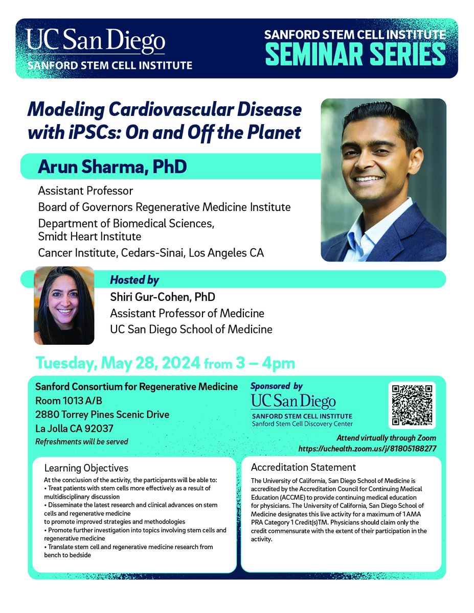 Join us on May 28 for the next Sanford Stem Cell Institute - Seminar Series presentation with: 
@ArunSharmaPhD 

@ucsdstemcell @SSCDiscovery @UCSDMedSchool @sbpdiscovery @salkinstitute @ljiresearch @UCSDHealthSci @Kaufm020 @SignerLab @ShiriGurCohen @UCSDCancer_COE @UCSDHealth