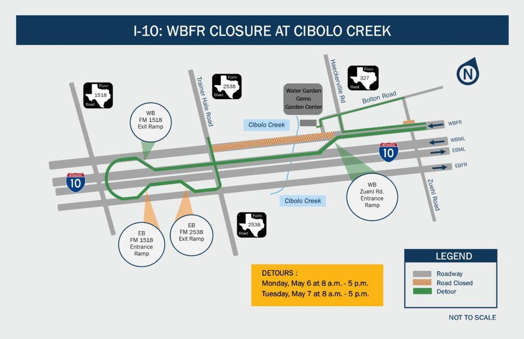 TxDOT IH-10 Expansion Project Update: May 6 - May 7, daily 8 a.m. until 5 p.m. The westbound frontage road of IH-10 at Cibolo Creek will be closed during the installation of bridge deck panels. Detours will be in place for access to FM 2538 and Bolton Road during construction.