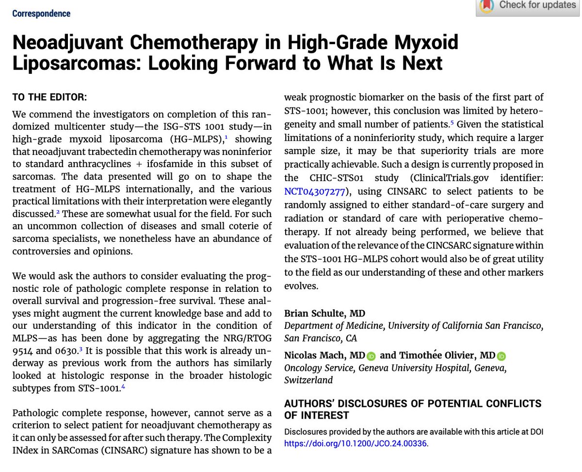 Just out in @JCO_ASCO, led by Dr Brian Schulte @UCSF with Pr Nicolas Mach @hug_ge, ➡️we corresponded with @alegronchi after the publication of the ISG-STS 1001 study in Myxoid Liposarcoma 👇 1/2