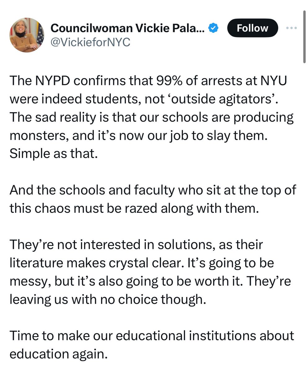 See, when college students use the word 'intifada,' that's a direct call for violence. But when a NYC councilwoman says we need to 'slay' college students and 'raze' their schools and faculty to the ground, that's a metaphor.