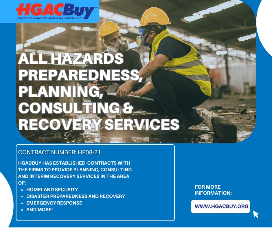 Prepare for anything with competitively solicited Contract HP08-21! HGACBuy offers cutting-edge all-hazards preparedness, planning, consulting, and recovery services. From strategic readiness to rapid response, we've got you covered. #HGACBUY