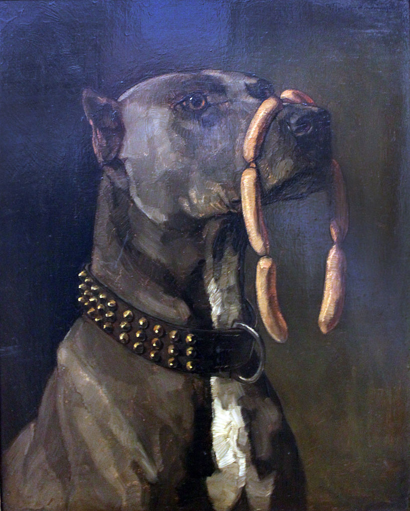 Great Dane with sausages: 'Ave, Caesar, morituri te salutant', by German painter Wilhelm Trübner (1877). Alte Nationalgalerie.