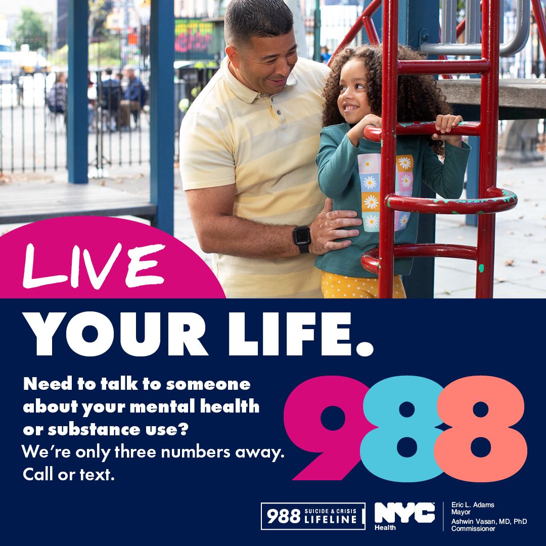 Support is here, whenever you need it. You can call, text or chat with 988 trained crisis counselors 24 hours a day, 7 days a week. For more information, visit nyc.gov/988
