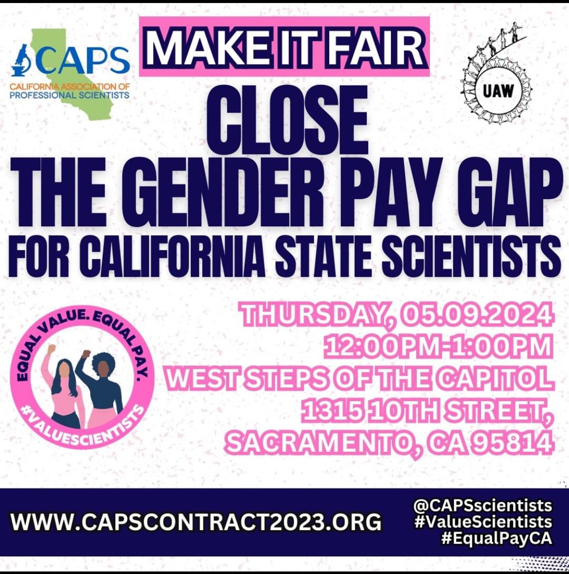 Calling all CAPS, UAW Local 1115 members and supporters (and supporters of gender equity!) Please plan to attend our Thursday, 5/9 RALLY 12-1pm. #caps #ValueScientists #GenderEquity #LikeWork4LikePay