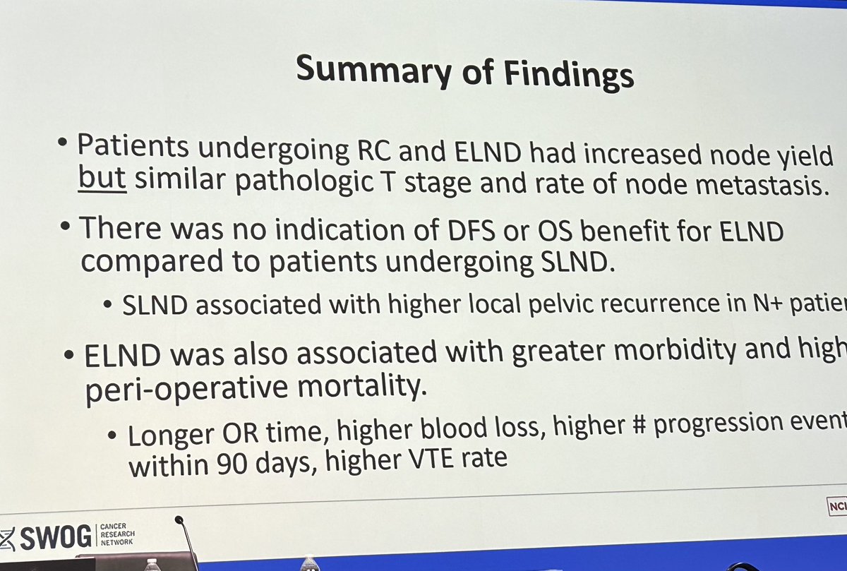 #SethLerner presenting data from #SWOGS1011 on standard vs extended #LND at time of #RadicalCystectomy 👉No benefit for ELND compared to SLND in terms of OS or DFS 👉ELND associated with higher morbidity and peri-operative mortality #AUA24 #BladderCancer
