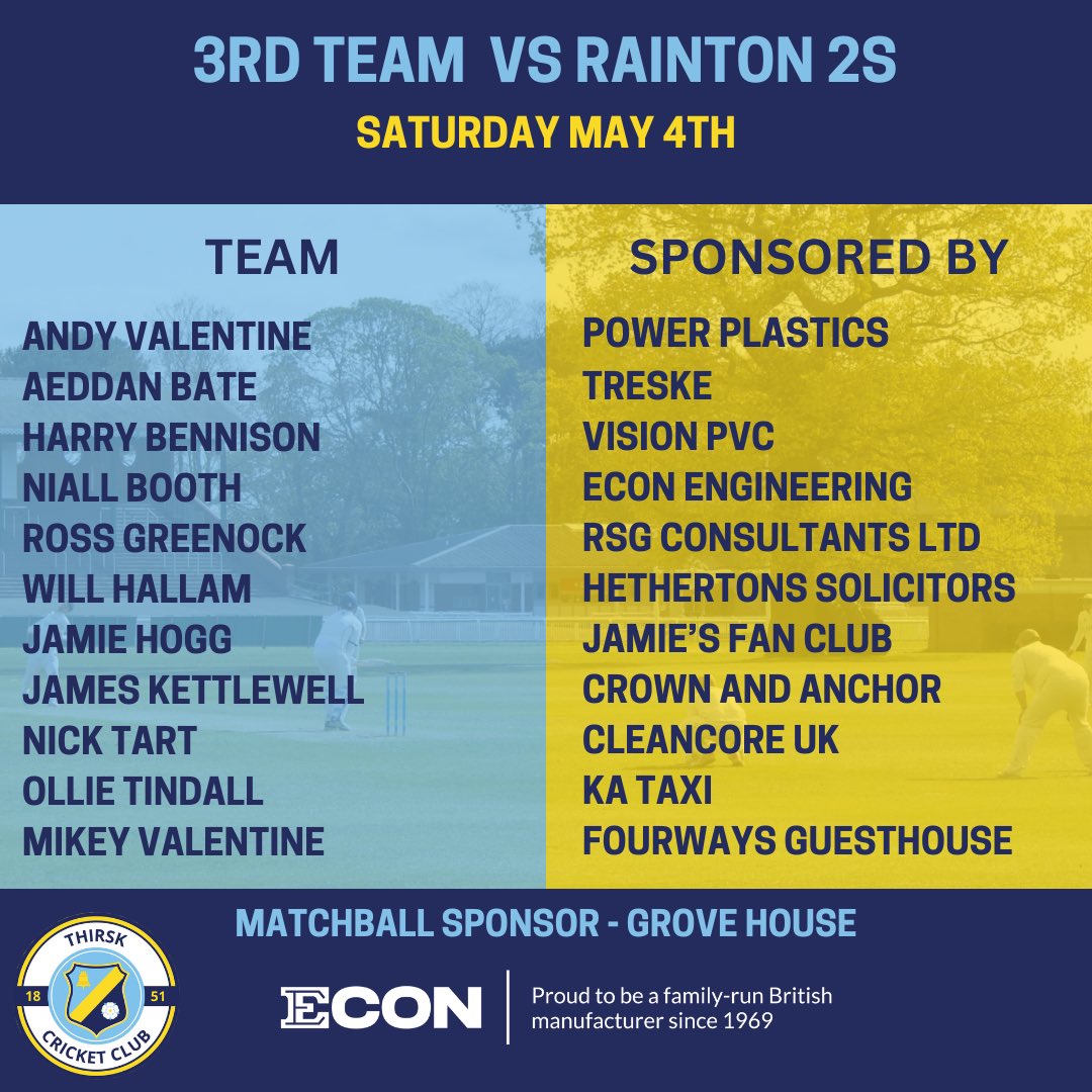 The 3s look to kick off their season, as they take the short journey Rainton cricket club! Matchball is kindly sponsored by Grove House #wearethirsk #yorkshirecricket #cricket