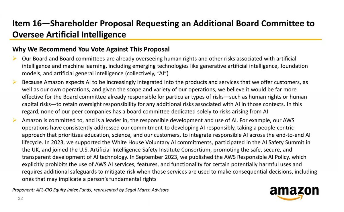 Amazon says shareholders should vote against a proposal for a board committee on AI oversight because, among other reasons, 'none of our peer companies has a board committee dedicated solely to risks arising from AI' sec.gov/Archives/edgar…