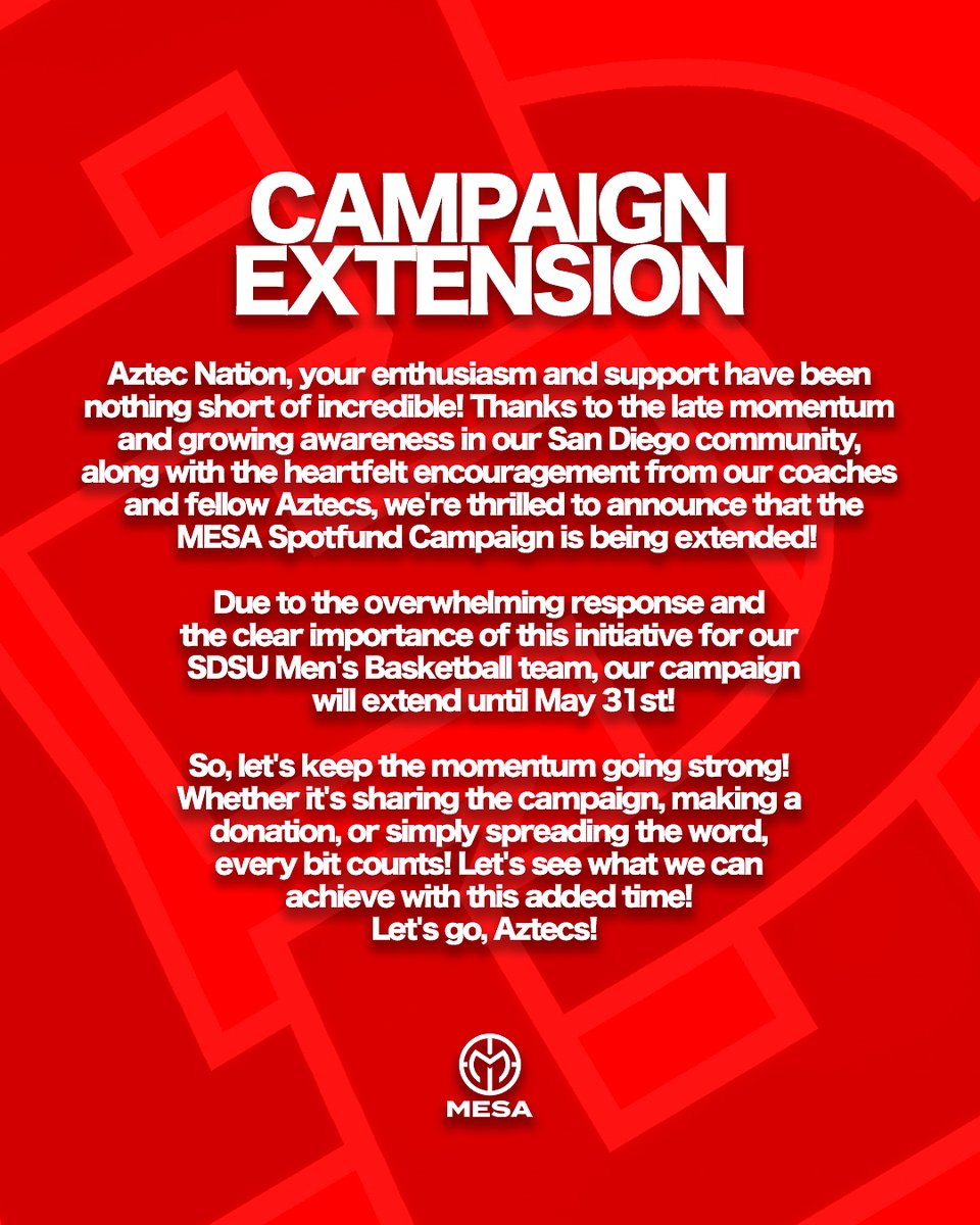 Big News Alert! our MESA Spotfund Campaign is being extended until May 31st!🔥 Let's see what we can achieve with this added time! Let's go, Aztecs!❤️#MESA #nil #goaztecs