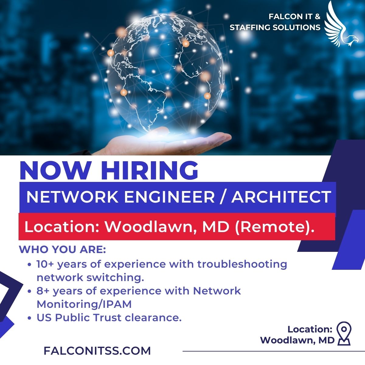 #HIRING 
✴️ ROLE: Network Engineer / Architect. 
📌 APPLY: bit.ly/4bpQLRZ
📍Woodlawn, MD (Remote temporary).
📧 recruiters@falconitss.com

@falconitss
#NetworkEngineer #governmentcontracting #governmentjobs