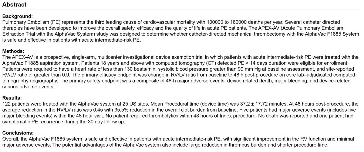 💥Featured Clinical Research #LateBreaker at #SCAI2024: 💡'Evaluating the Safety & Efficacy of the AlphaVac F1885 System in Acute Intermediate-Risk #PE Patients: APEX-AV Trial' ➡️doi.org/10.1016/j.jsca… @msran124