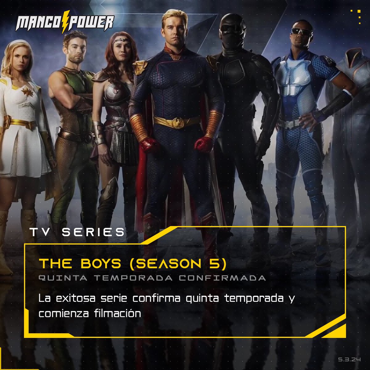 MancoPowerPR's tweet photo. Según informes recientes, la exitosa serie The Boys ha recibido una renovación temprana para una quinta temporada, incluso antes del estreno de su cuarta temporada.

#MancoPower #MancoNews #TheBoys https://t.co/fmgy3vaK3z