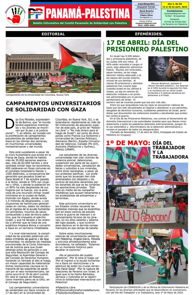 Boletín Panamá con Palestina No 98 Campamentos Universitarios de Solidaridad con Gaza #PalestineNotAlone #PalestinaResiste #estudiantesconpalestina