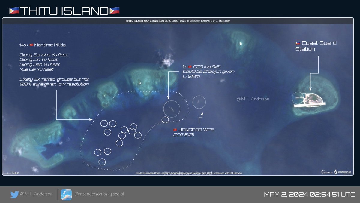 🇵🇭THITU ISLAND🇵🇭 Sentinel 2📷 from 2 May 2024. 2x 🇨🇳CCG vessels, 14x+ 🇨🇳Maritime Militia and likely a few 'rafted' groups. Classic greyzone tactics by 🇨🇳, trying to make this aggression and agitation look 'normal'.