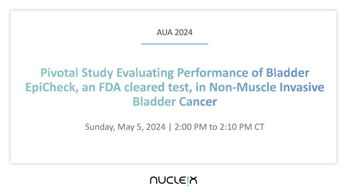 NUCLEIX (@nucleix2) on Twitter photo We'll be presenting results from our pivotal clinical study evaluating the performance of Bladder EpiCheck® as a non-invasive & objective novel methylation-based PCR urine test for the surveillance of #NMIBC recurrence at #AUA24. bit.ly/4bke27K @uroweb <a href="/AmerUrological/">Amer. Urol. Assn.</a> We'll be presenting results from our pivotal clinical study evaluating the performance of Bladder EpiCheck® as a non-invasive & objective novel methylation-based PCR urine test for the surveillance of #NMIBC recurrence at #AUA24. bit.ly/4bke27K @uroweb <a href="/AmerUrological/">Amer. Urol. Assn.</a>