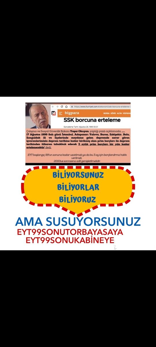 99 depremleri mağduriyeti sayfalar dolusu kitap olarak yazılsa yine de bildiğinizi görmezden geleceksiniz biliyorum, naçizhane diyorum ki ;Dünya hesabını ödemeden kaçtığınız şey karşınıza kul hakkı olarak Ahiret hesabında çıkmasın,orada ödeyemezssiniz !
#Eyt99DepremiTorbaYasaya