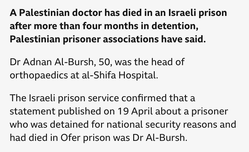 Totally normal. A 50-year old Palestinian doctor dies after four months in Israeli detention. No cause of death given. bbc.co.uk/news/articles/…