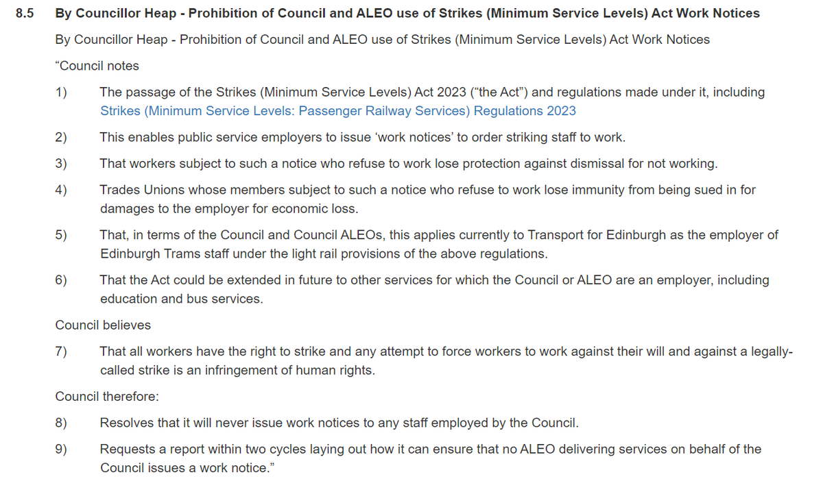 Motions for Full Council next week are out and I am asking the Council to pledge never to use anti-trades union legislation to force workers not to strike, under threat of being sacked. This infringes staff's human rights and must not be used in our city @EdinburghGreens…