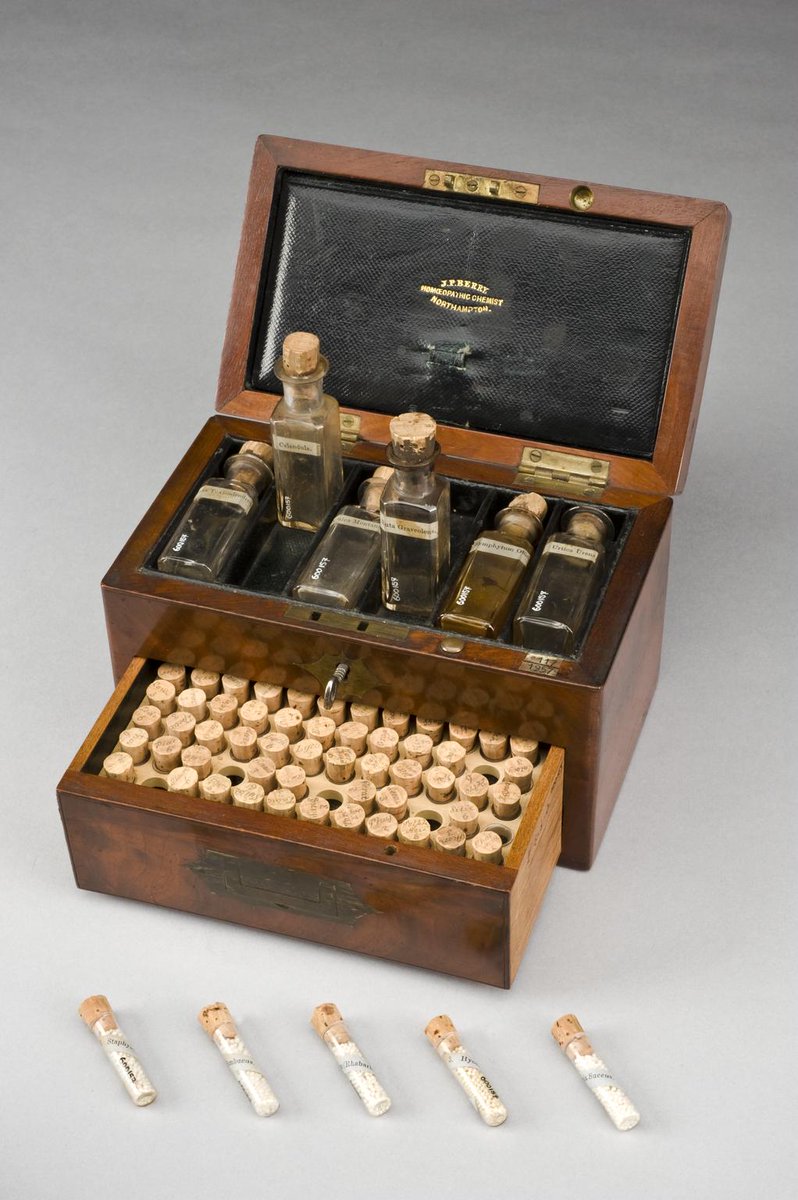 Mahogany medicine chest with 6 labelled glass bottles and 69 labelled glass phials of homoeopathic medicines, by J.P. Berry of Northampton, 19th century. Science Museum.  

This mahogany medicine chest contains 69 small glass vials with handwritten labels and six large bottles.