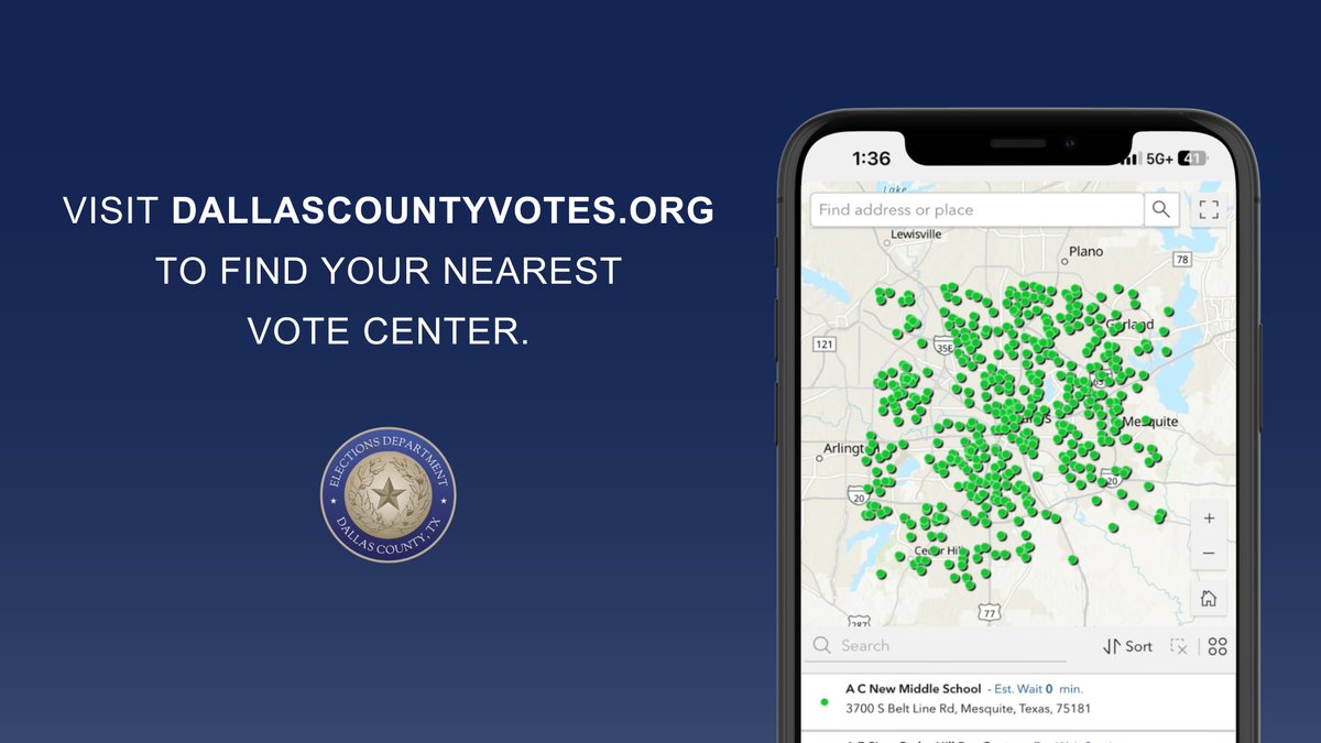 Have weekend plans? Make a plan to vote on Election Day, Saturday, May 4th!🗳️ ⠀⠀⠀⠀⠀⠀⠀⠀⠀ You can use our Vote Center Finder to find your nearest vote center. Remember, polls are open from 7AM to 7PM. #DallasCountyVotes 📍 Vote Center Finder: bit.ly/VoteCenterFind…