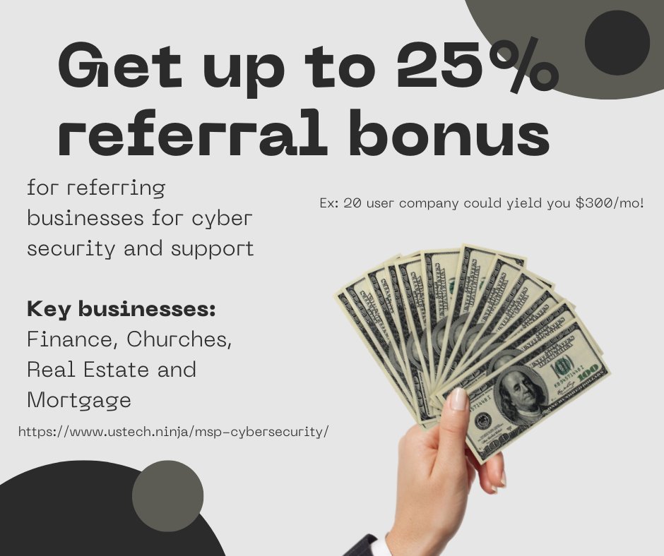 📣 Looking for businesses in need of IT support! 💻🔧 Refer them to me and earn up to 25% commission! 💰 That's potentially $300/month per referral! 🤑 Don't miss out on this amazing opportunity! #ITsupport #ReferralProgram #EarnMoney