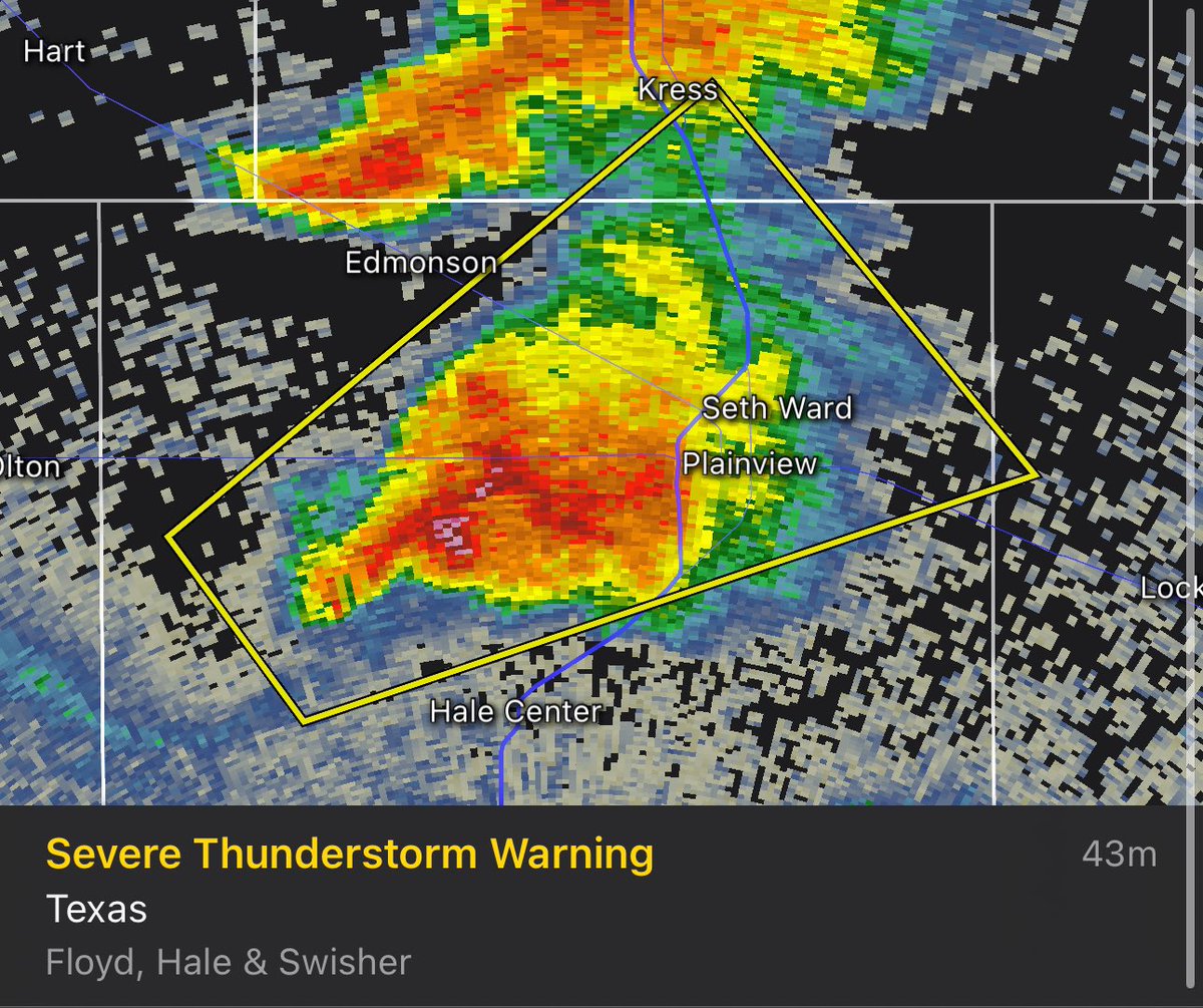 Severe Thunderstorm Warning for NW Floyd, N Hale, S central Swisher Co. until 5 PM. At 4:03 PM CDT, a severe storm was located 7 miles NW of Hale Center, moving NE at 30 mph. 60 mph wind gusts and 1” hail possible. 

#texasweather #texaspanhandle #txwx #severeweather