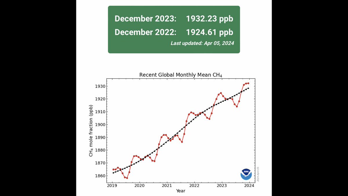 #stayinformedcc Global Methane Monthly Mean of 1932.23 ppb as of December 2023. We are witnessing abrupt climate change #climatechange #ClimateCrisis #ClimateReport #ClimateAction #climateemergency #heatwaves #wildfires #drought #floods #Hurricane gml.noaa.gov/ccgg/trends_ch…