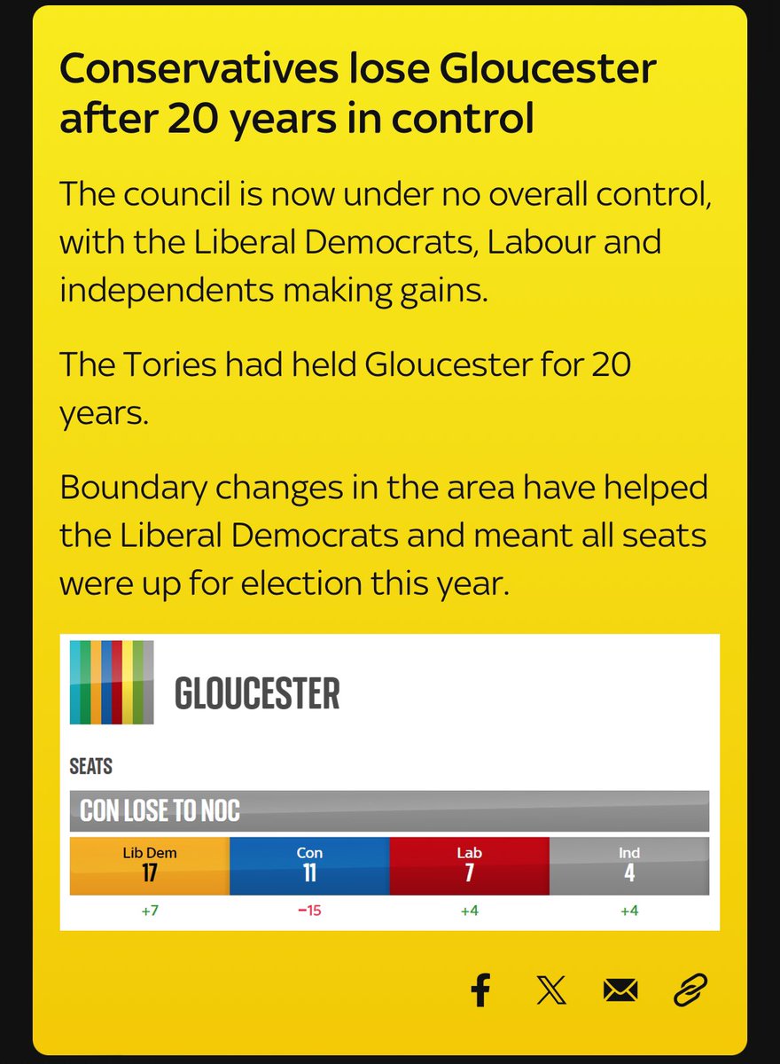 Omfg Tories have LOST Gloucester after 20 years of control. Gloucester no NOC Lib Dem’s gain 7 Labour gain 4 Indie gain 4 Tories LOST 15 seats
