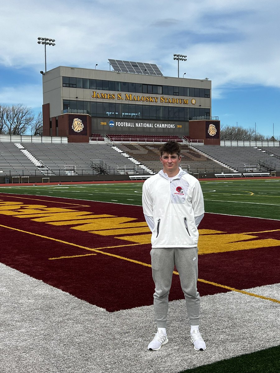 After a great conversation with @CoachWiese, I am very blessed to have received my first D2 scholarship offer from @UMD_Football!🔴🟡🐶 @CoachStegerUMD @CoachLukeOlson