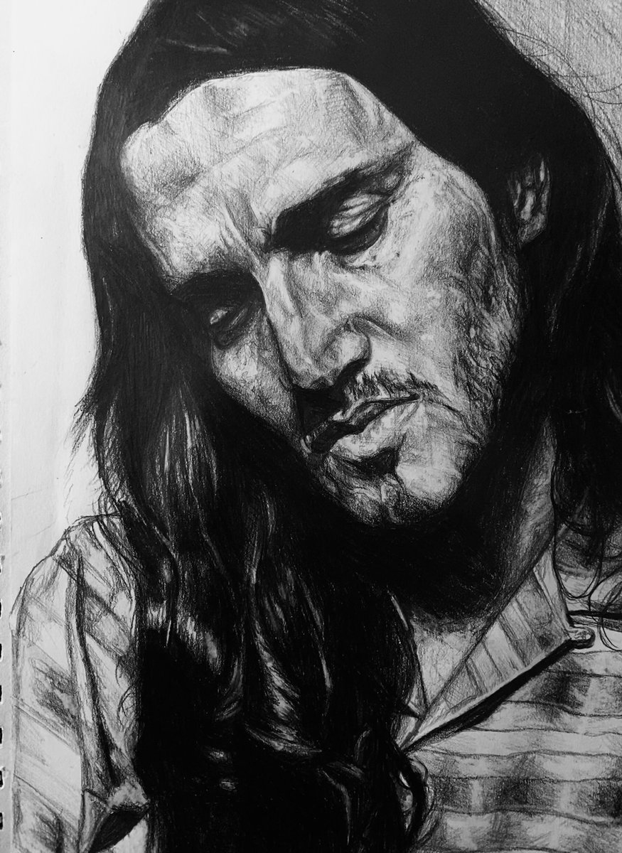my @johnfrusciante drawing is FINALLY done !! A whole 6B pencil went into drawing his hair alone