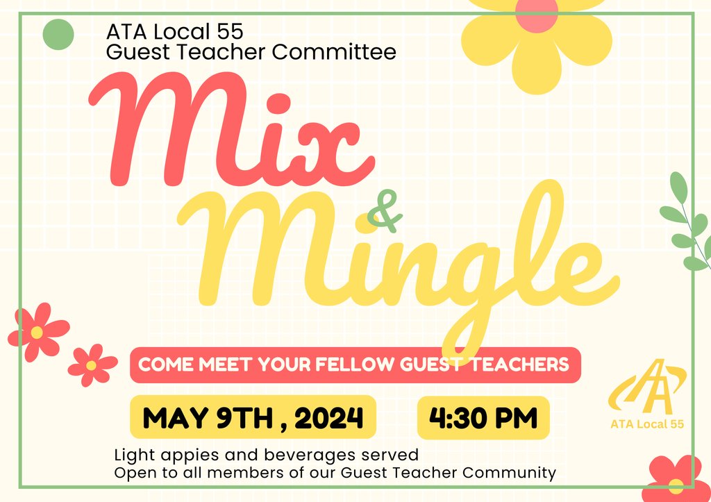 Last Chance: Guest Teacher Mix and Mingle Thurs., May 9, 2024 4:30 pm Come join your guest teacher colleagues to build our community. We will meet at the Local and light snacks and beverages will be served. Register here: tinyurl.com/L55-MINGLE. #weareata