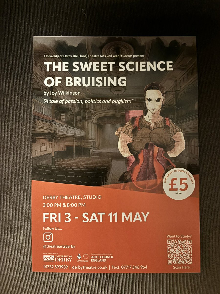 3.v.24
Hugely enjoyed the first of @DerbyUni & @derbyunistudent end of year shows. 2nd Year Theatre Arts in The Sweet Science of Bruising @derbytheatre A (mostly) irreverent equity tale. Go see. It’s excellent.
