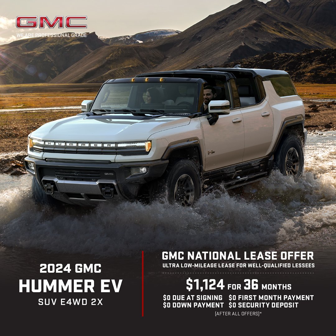 Revolutionize your ride with the new 2024 GMC HUMMER EV SUV E4WD 2X! Lease now for $1,124/month for 36 months with $0 due at signing, $0 first month payment, $0 down payment, $0 security deposit*! 🤩 #GMC #HUMMEREV Shop now: ow.ly/Q71j50RwhSb