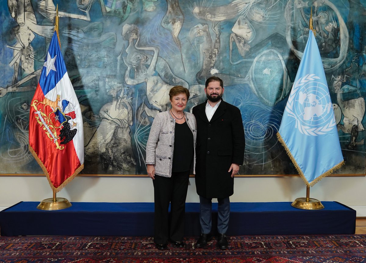 Excellent meeting with Chile’s President @GabrielBoric. I applaud 🇨🇱 for its ambitious reform agenda aimed at a more dynamic, inclusive, and greener economy. Chile has impressive opportunities from the global green transition and by investing in its human capital.