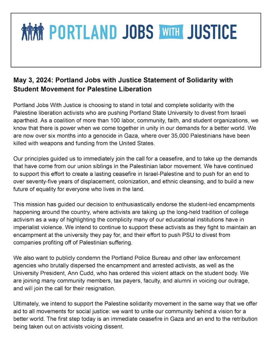 We put out this statement as the board of <a href="/JwJpdx/">Portland Jobs with Justice 📢↙️↙️↙️</a> this morning in solidarity with the student encampment at <a href="/Portland_State/">Portland State University</a> and condemning the police violence against protesters.