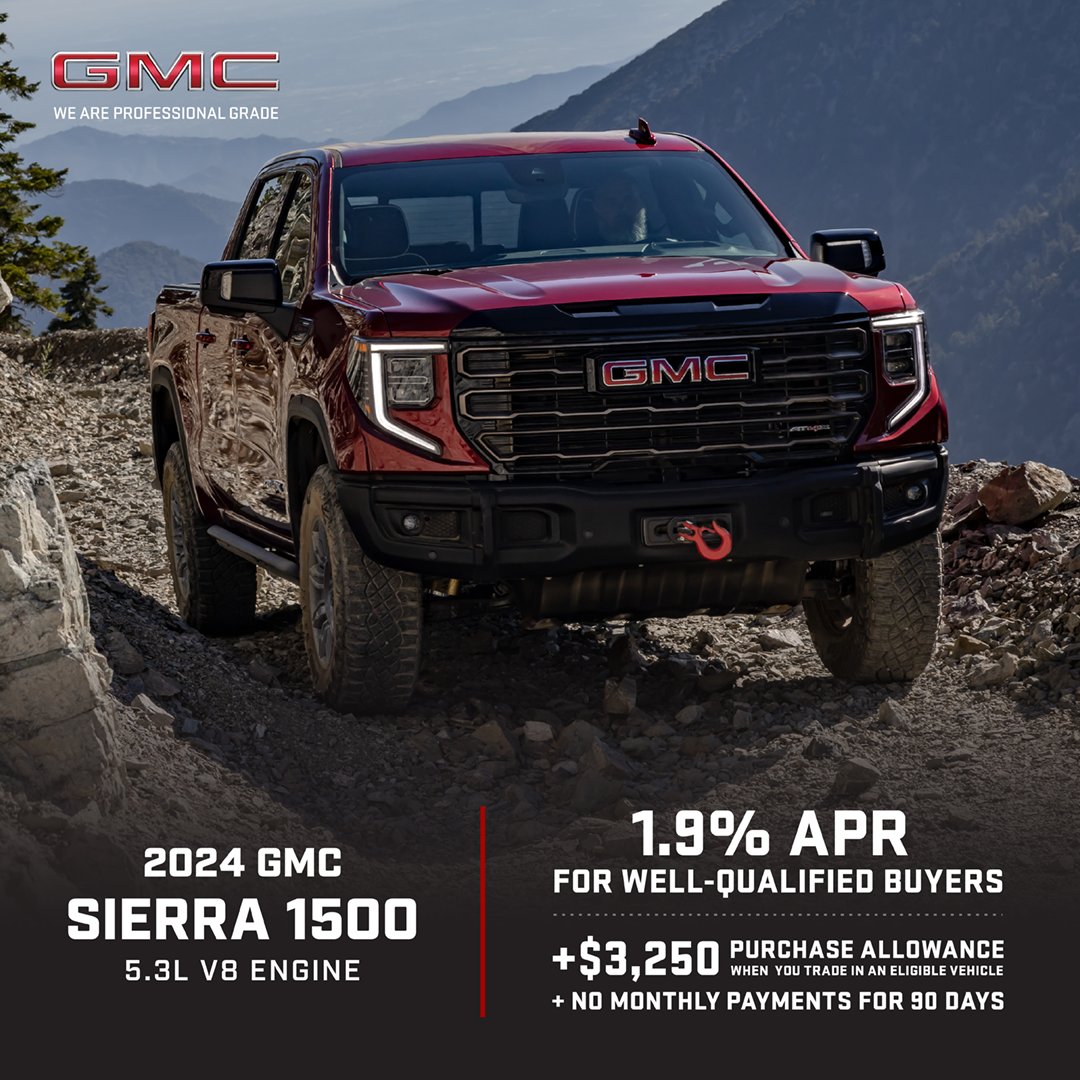 Get behind the wheel of the powerful 2024 GMC Sierra 1500 with a 5.3L V8 engine and take advantage of 1.9% APR, $3,250 purchase allowance with an eligible trade-in, and no monthly payments for 90 days! 🙌 #GMC #Sierra1500 Shop now: ow.ly/cW8b50RwhEA