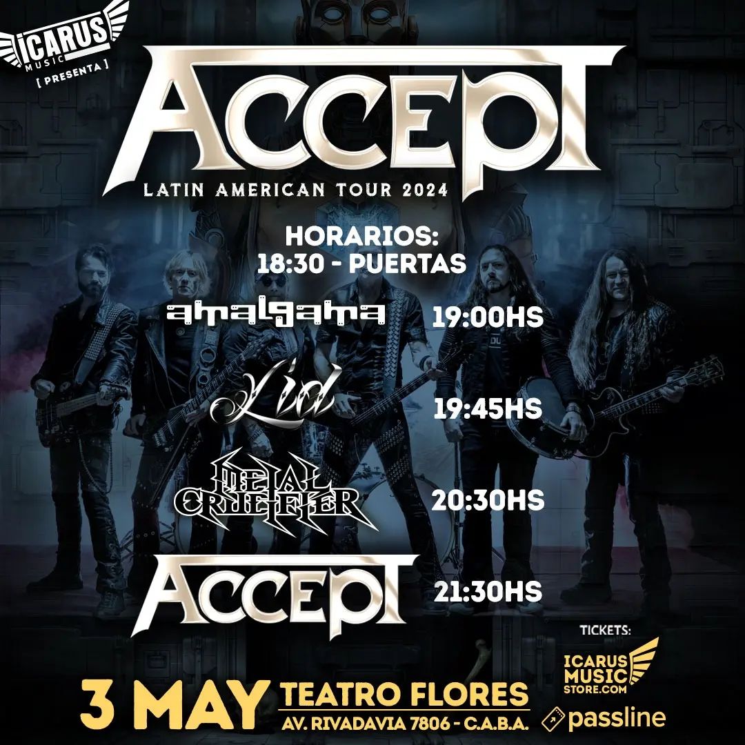 Agenda del Metal Internacional
@IcarusMusicarg presenta
esta noche en el Teatro Flores llega el Humanoid Latin American Tour toca @accepttheband junto a bandas invitadas