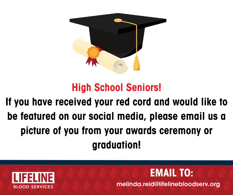 If you are a local #highschoolsenior who has received their red cord or will be receiving it soon, we would ♥️ to feature you on our social media! Please send us a picture of you wearing your red cord from your awards ceremony / graduation! 🎓#savelives731 #donatebloodWestTN