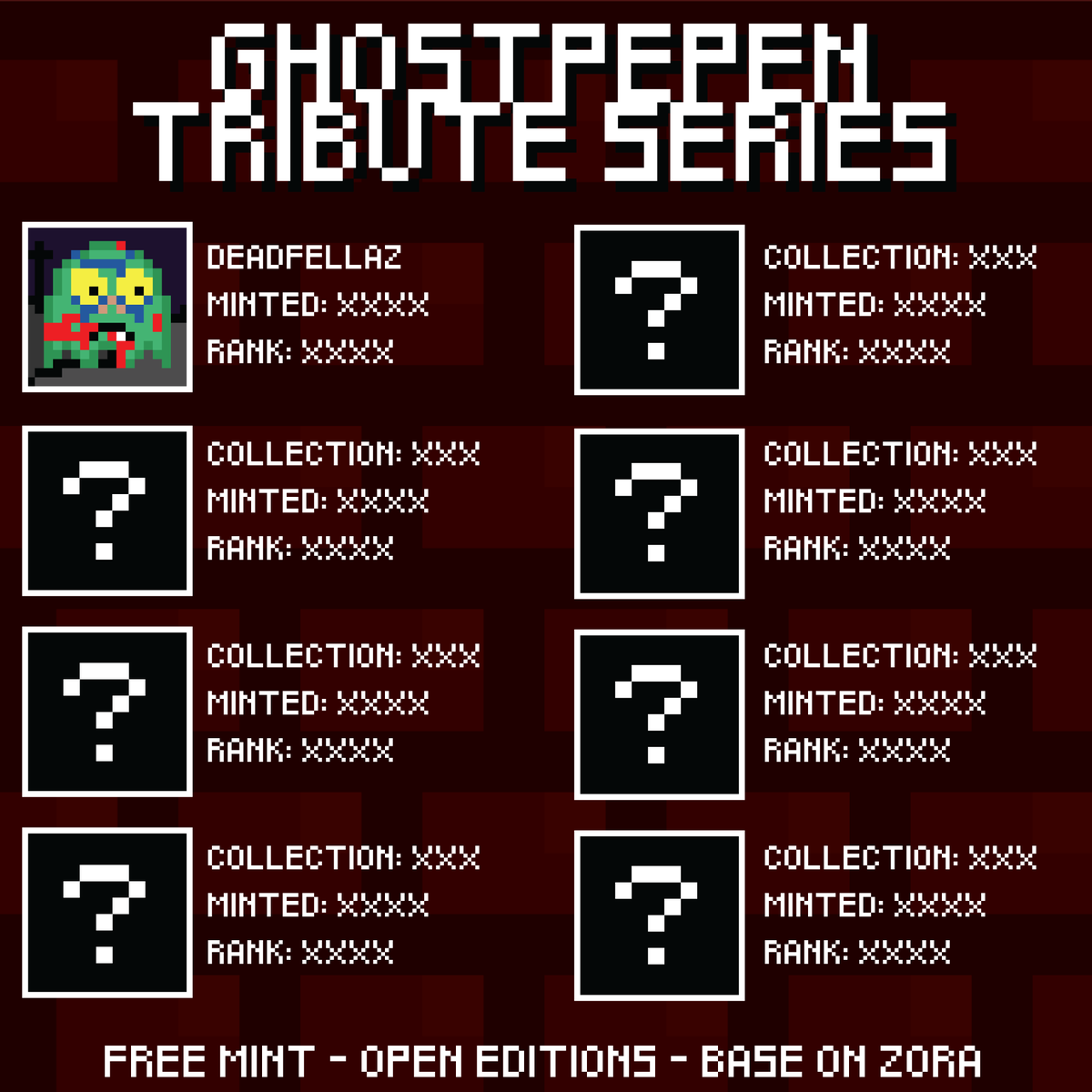 Ghostpepen Tribute: Deadfellaz
Only a couple of days left to grab your free Open Edition Deadfellaz Ghostpepen Tribute before it is closed forever and the next Tribute is released into the world.
Mint link below 👇