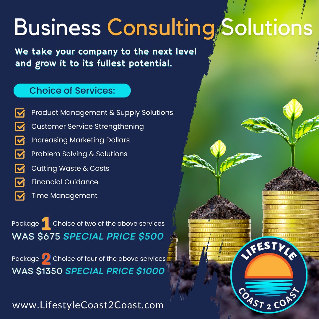 Businesses must be managed effectively to achieve sustainable growth. We use effective concepts to promote continuous improvement, to sustain operational excellence & customer satisfaction. We offer a special rate for our local business's success. LifestyleCoast2Coast@aol.com