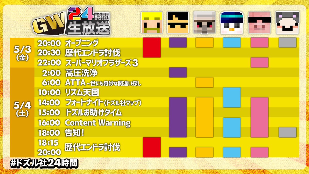 【 #ドズル社24時間 】
第3部からのタイムスケジュールが一部変更となります⏰

＜変更前＞
14:00　ドズルお助けタイム
15:00　フォートナイト（ドズル社マップ）

＜変更後＞
14:00　フォートナイト（ドズル社マップ）
15:00　ドズルお助けタイム

このあとの生放送もぜひお楽しみに！🙌✨