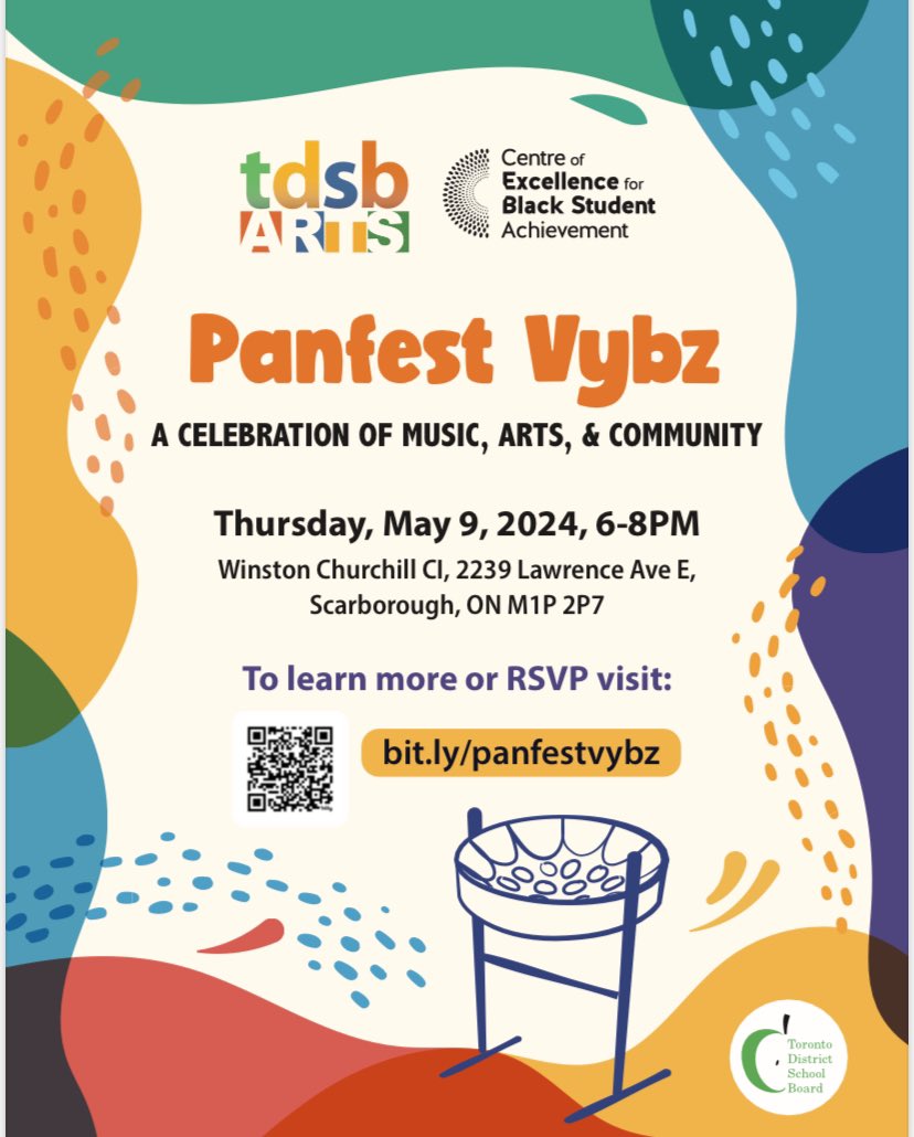 Join us for a performance by Afropan Steelband and @tdsb students at Panfest Vybz on May 9, 2024 6-8pm at Winston Churchill CI. Students, staff, families and community welcome! @tdsb_cebsa @wchurchillci @afropan RSVP at bit.ly/panfestvybz