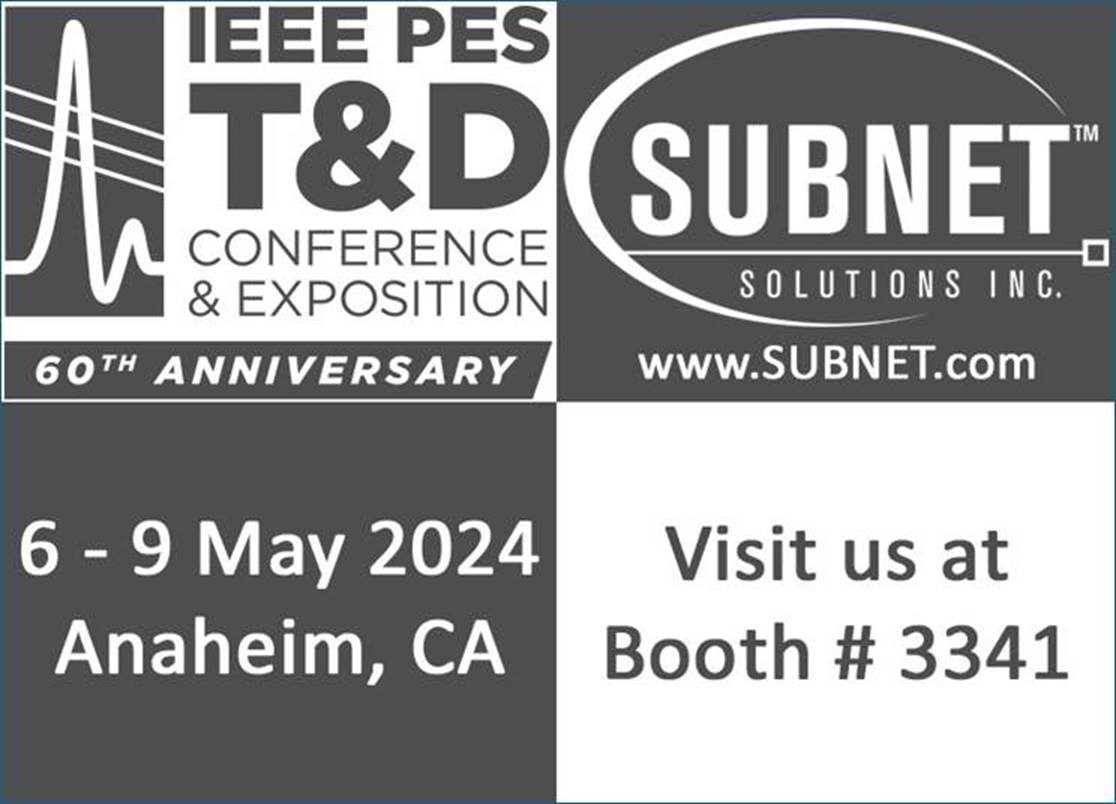 May 6-9 2024, SUBNET Solutions Inc. will be in Anaheim, CA as we attend IEEE PES T&amp;D 2024

Come meet us at booth 3341 and experience a #LIVEDemo.
#PowerSYSTEMCenter #cybersecurity #OTcybersecurity #GridAutomation #SystemDeviceManagement