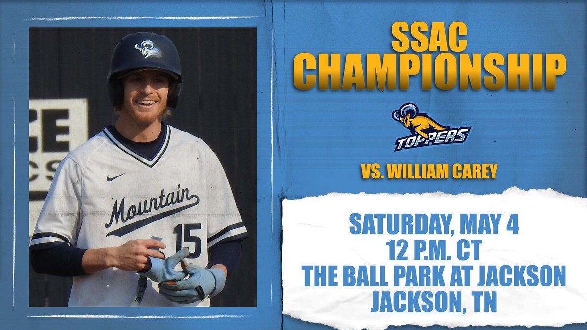 bmcsports's tweet photo. 🚨SCHEDULE ALERT🚨

Saturday's @SSACsports Baseball Championship Final between @BMC_BSB and William Carey in Jackson, TN has been moved up to 12 PM CT.

Be there to support the Toppers as they vie for their first SSAC Title!

Purchase Tickets:  https://t.co/GWzvdRwt44 https://t.co/Ek3oYcki7L