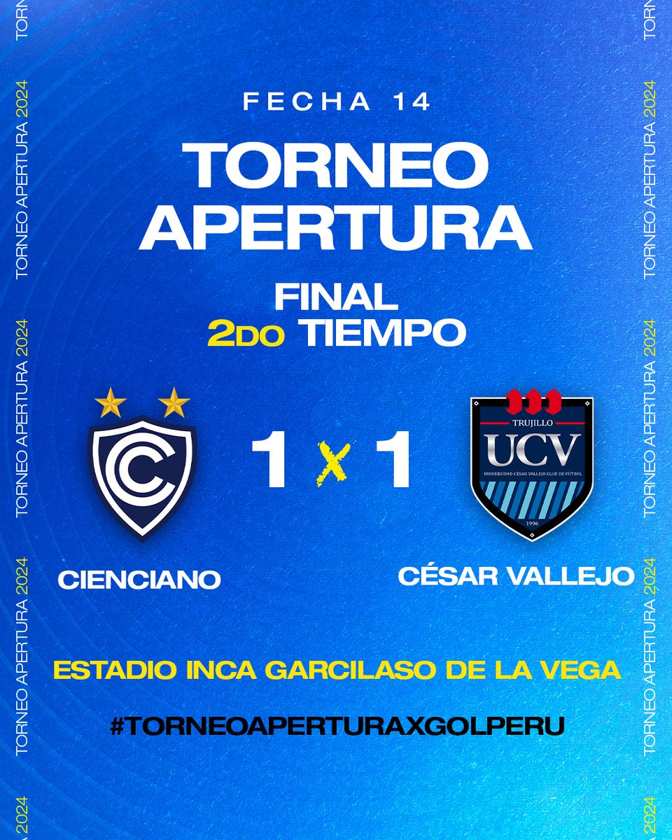 ¡IGUALDAD! @Club_Cienciano 🔴 empató como local 1-1 ante @clubucv 🔵🟠 por la fecha 14 del #TorneoAperturaXGOLPERU 🏆🇵🇪. Yorleys Mena ⭐ y Paolo Fuentes 🛡️ fueron los autores de los goles en el encuentro ⚽.