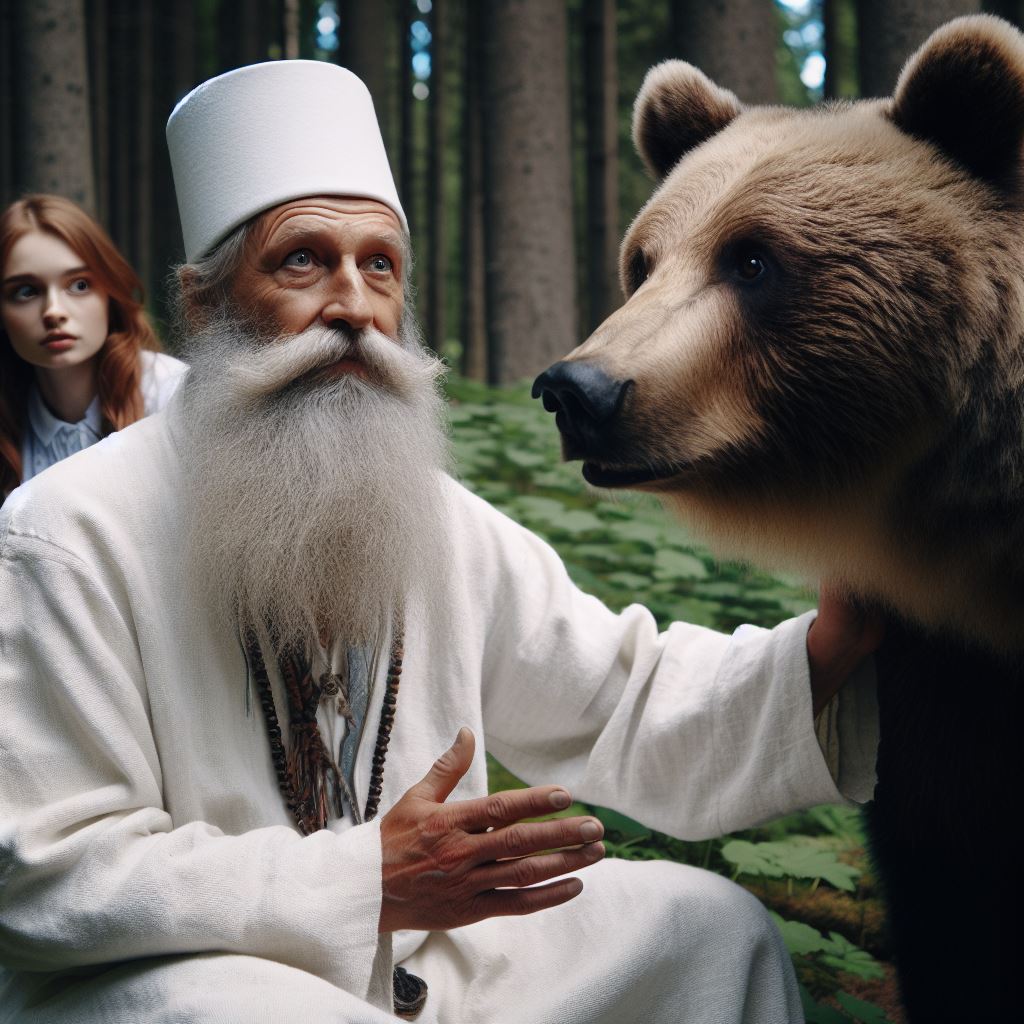 Woman in the forest sees that The Patriarchy is already friends with the bear.