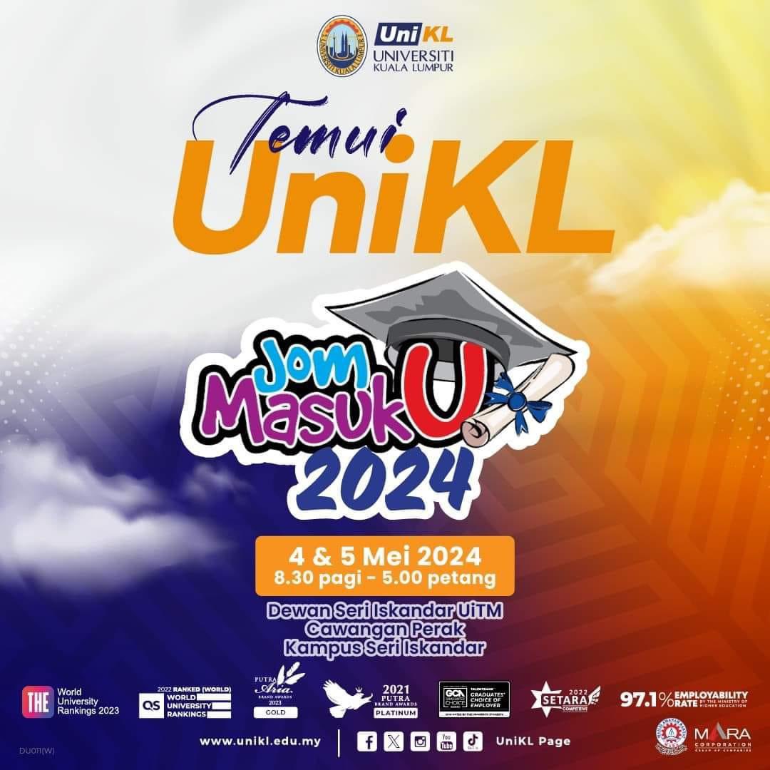 Jom Masuk U 2024 !!!

Jom temui Universiti Kuala Lumpur #UniKL di lokasi pertama Jom Masuk U 2024 Zon Tengah 1, anjuran Kementerian Pendidikan Tinggi (KPT).

#JomMasukU #JomMasukU2024 #WeAreUniKL #UniversitiKualaLumpur #UniKLnProud #UniKLDNA #JoinUniKLToday