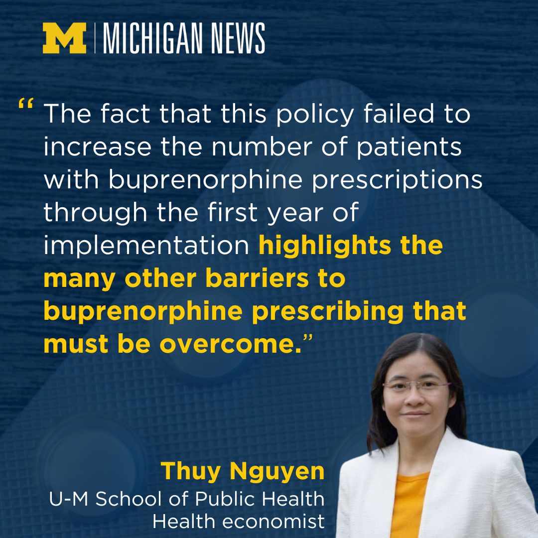 “The fact that this policy failed to increase the number of patients with buprenorphine prescriptions... highlights the many barriers to buprenorphine prescribing...' says Thuy Nguyen @umichsph ihpi.umich.edu/news/its-easie…